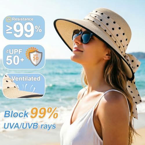 DRESHOW Sun Hats for Women Travel Fedora Foldable Beach Sun Hat Summer Wide Brim Straw Bucket Hat with Bowknot UPF 50+ - color: 1 Pack Bowknot Straw Hat: Beige With Black Trim