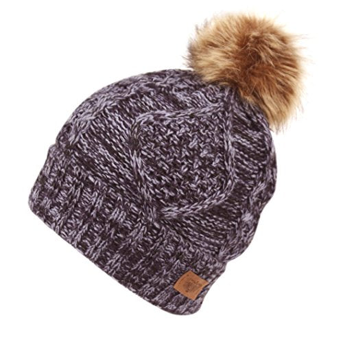Women's Winter Fleece Lined Cable Knitted Pom Pom Beanie Hat - color: Multi Lavender