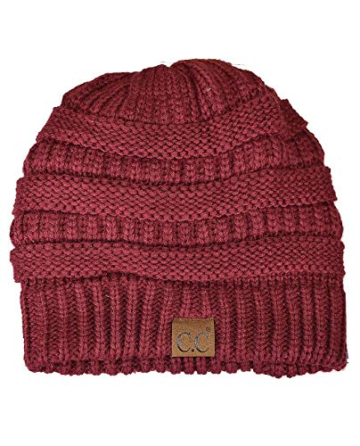 C.C Unisex Chunky Soft Stretch Cable Knit Warm Fuzzy Lined Skully Beanie - color: Maroon