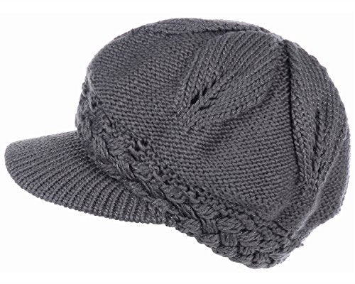 BYOS Womens Winter Chic Cable Warm Fleece Lined Crochet Knit Hat W/Visor Newsboy Cabbie Cap - color: Braided Front Dk.gray