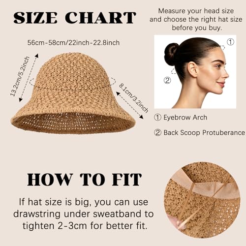 Sun Hat for Women Summer Straw Beach Hats Bucket Hat Floppy Crochet Hat - color: Khaki