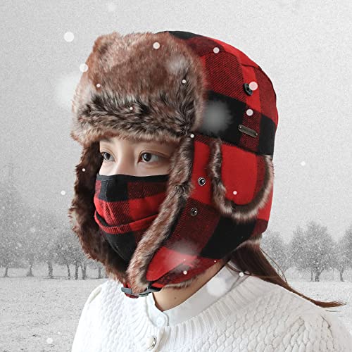 Unisex Winter Trapper Hat Cold Proof Keep Warm Hat with Ear Flaps for Hunting Skiing Trooper Winter Outdoor Activities - color: Red Plaid With Mask, size: Medium-Large