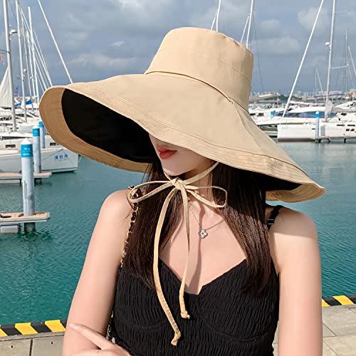 HUAMULAN Women Summer Vacation Wide Brim Sun Hat Reversible Fishing Hats - color: Ag3652-kakhiblack