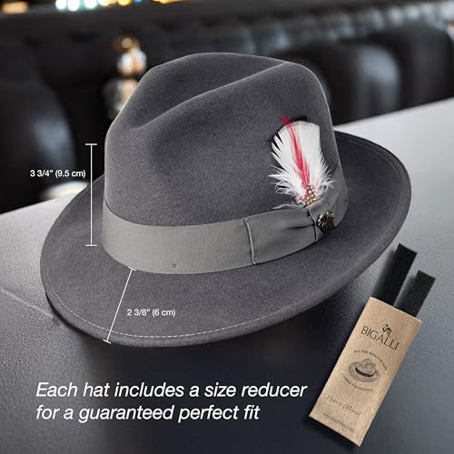 Bigalli Milano Hat Classic Mens Fedora Hat 100% Wool Felt Crushable Center Dent Water Repellent | Grosgrain Ribbon - color: Dark Brown, size: X-Large