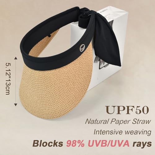 Women's Sun Visor Hats Wide Brim Straw Beach Hat Ponytail Hats for Women Foldable Floppy - color: 1pack-khaki Ribbon