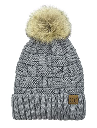 C.C Knit Beanie Hat – Fuzzy Fleece Lined Warm Winter Hat, Faux Fur Pom Soft Stretchy Slouchy Knit Cap, Cold Weather Beanie - color: Light Melange Grey