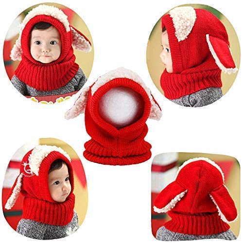 Scarf Woolen Earflap Hood Warm Skull Knit Caps,Crochet Earflap Pilot Hats Beanie Cap for Toddlers Baby Girls and Boys - color: Hat4-red