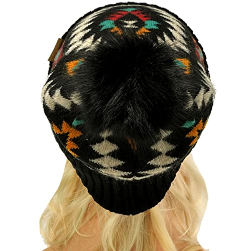 C.C Fur Pom Winter Fall Trendy Chunky Stretchy Cable Knit Beanie Hat - color: Aztec Black