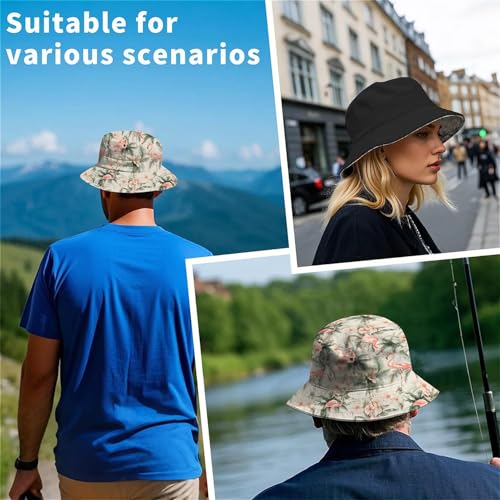 Amasnay Funny Bucket Hat Cotton Double-Side-Wear Reversible Sun Hat for Women Men, Summer Vacation Travel Beach Fisherman Hat - color: Flamingos Beige