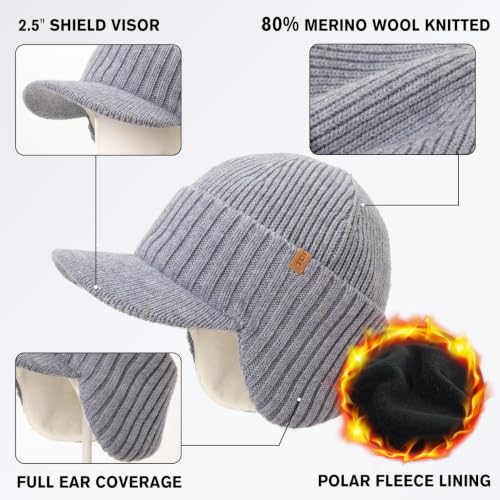Large Head Waterproof Brim Beanie Winter Hat Men Merino Wool Fleece - color: Light Gray, size: X-Large-XX-Large
