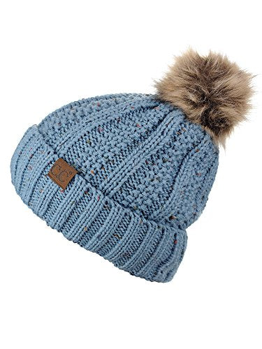 C.C Thick Cable Knit Faux Fuzzy Fur Pom Fleece Lined Skull Cap Cuff Beanie - color: Confetti Denim