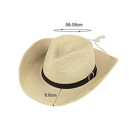 Straw Cowboy Hat for Women Men Classic Western Cowgirl Cap Foldable Sunhat Shapeable Fedora Panama Cap Wide Brim Beach Hat - color: Beige