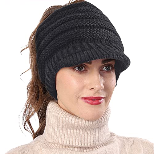 Women's BeanieTail Warm Knit Hat Messy High Bun Ponytail Visor Beanie Cap - color: A-dark Grey, size: Medium