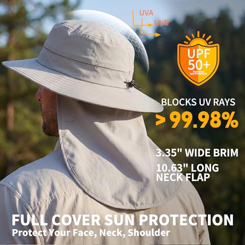 Connectyle Wide Brim Sun Hat for Men Women UPF 50+ Breathable Fishing Hat with Neck Flap Outdoor Hiking Safari Bucket Hats - color: Light Grey