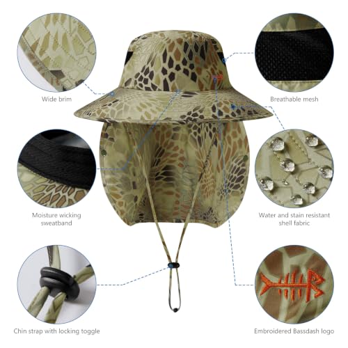 BASSDASH UPF 50+ Breathable Sun Hat with Removable Face Cover and Neck Flap Wide Brim Bucket Hat for Fishing Hiking Men Women - color: Python Camo