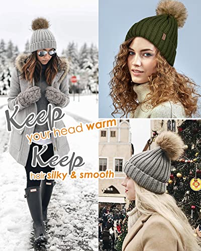 FURTALK Womens Winter Beanie Hat Satin Lined Faux Fur Pom Pom Beanies Hat for Women Winter Warm Knit Hats - color: Grey