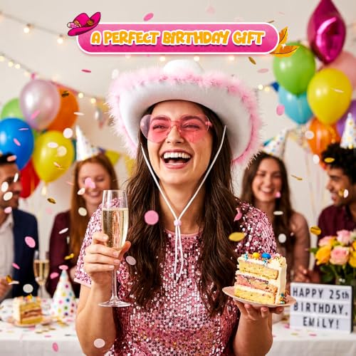 4E's Novelty Cowboy Hat with feathers With Heart Shaped Sunglasses for Women, Felt Cowgirl Hat for Party Costume Dress Up - color: White & Pink