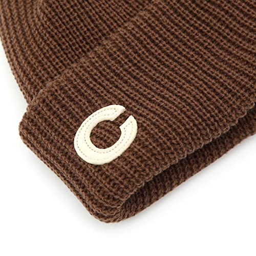 UNDERCONTROL Logo Label Patch Unisex Fall Winter Short Thick Cuffed Rollup Warm Beanie Korea Trawler Fisherman Knit Skull Hat - color: Double Tab Brown