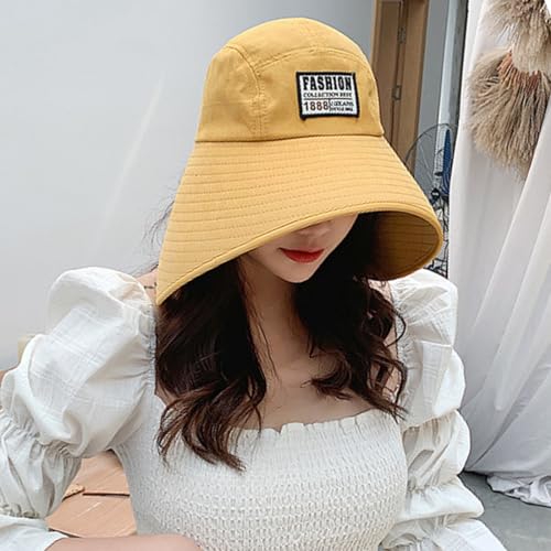Women Floppy Sun Beach Hat Packable Wide Brim Bucket Hat UPF 50+ UV Protection Travel Beach Cap - color: Yellow