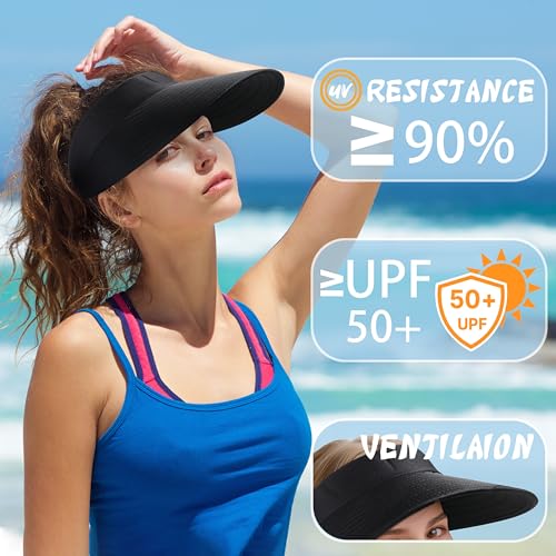 Pleneal Sun Hats for Women Wide Brim Sun Visor Hat Foldable Ponytail Cap - color: Black