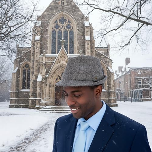 Funky Junque Mens Wool Blend Fedora, Vintage Winter Dress Hat - color: Herringbone Brown/Black, size: 7 1/4-7 5/8