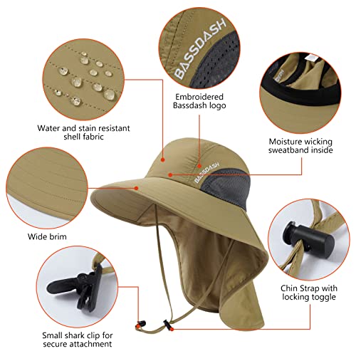 BASSDASH UPF 50+ Unisex Water Resistant Wide Brim Sun Hat with Large Neck Flap Ponytail Fishing Hat for Men Women - color: Dark Khaki