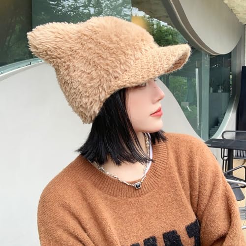 Cat Ears Fleece Lined Brimmed Beanie Hats Winter Golf Cap Brim Bill Visor Women - color: Khaki