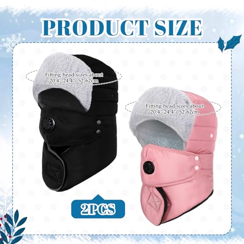 Chicingyou 2 Pcs Waterproof Winter Trappers for Men and Women Warm Winter Hat with Face Cover and Neck Protection Windproof for Outdoor Cold Weather Skiing Skating (Black, Pink)