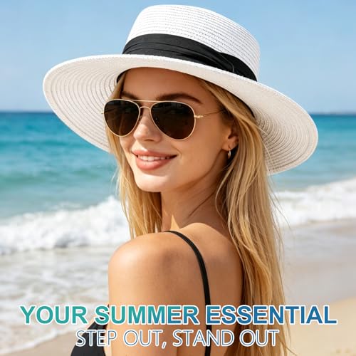 DRESHOW Women Straw Panama Hat Travel Fedora Beach Sun Hat Summer Wide Brim Straw Roll up Hats UPF 50+ - color: 1 Pack Boater Hat: White With Black Band