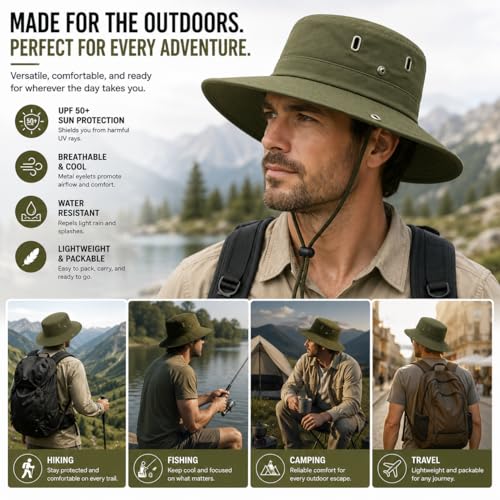 AVYZA CO. Wide Brim Sun Hat for Men & Women UPF 50+ Lightweight Waterproof Hat for Fishing & Hiking - color: Army Green