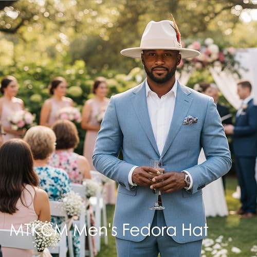 Mens Fedora Hats Wide Brim Felt Panama Hat Dress Hat with Feather - color: A-beige