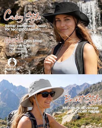 FURTALK Sun Hats for Women Wide Brim Bucket Hat Ponytail Hole Outdoor UPF - color: Black