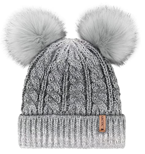 Arctic Paw Pom Pom Beanie Cable Knit Fleece Lined Winter Beanie Women Hat - color: Grey
