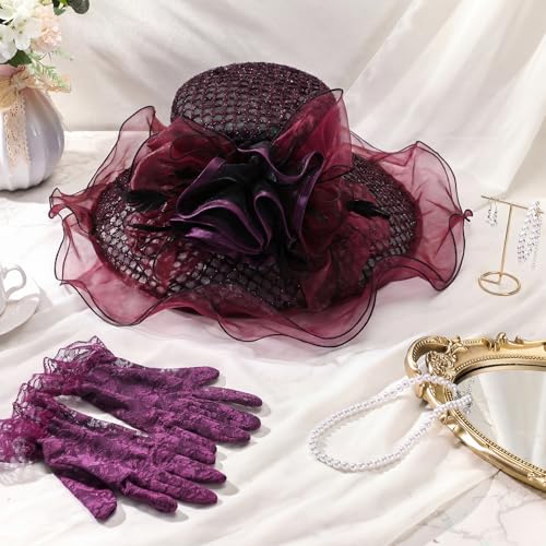 Derby Hat for Women 2026 Wide Brim Organza Sun Church Hat Set Feather Floral Fascinator for Tea Party Wedding Derby - color: Purple