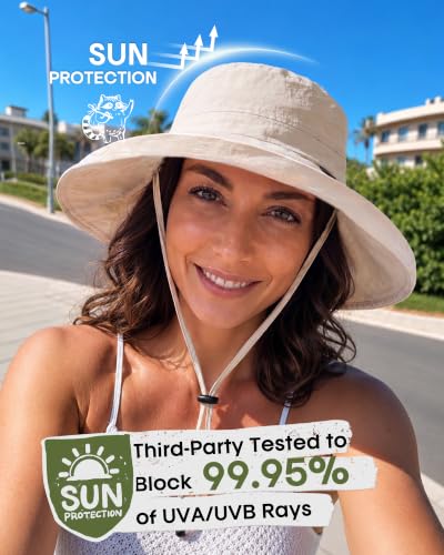 FURTALK Sun Hats for Women Wide Brim Ponytail UV Packable Hiking Travel - color: Beige