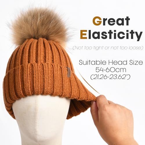 FURTALK Womens Winter Knitted Beanie Hat with Faux Fur Pom Warm Knit Skull Cap Beanie for Women - color: Caramel