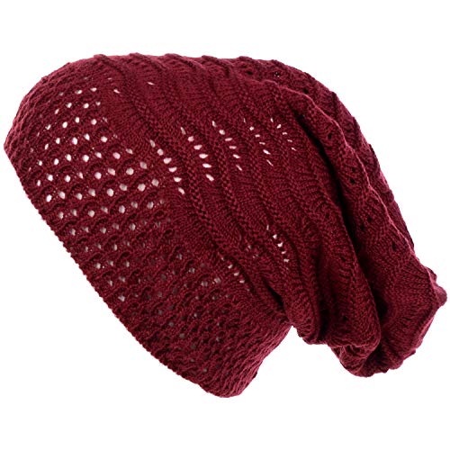 BYOS Women's Airy Cool Lightweight Cutout Long Slouchy Crochet Knit Beanie Hat - color: Wavy Lines-burgundy