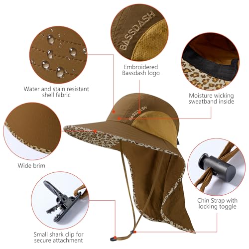 BASSDASH UPF 50+ Unisex Water Resistant Wide Brim Sun Hat with Large Neck Flap Ponytail Fishing Hat for Men Women - color: Caramel/Leopard