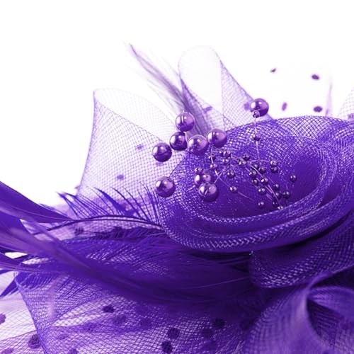 WLBON Fascinators Hat 20s 50s Headband Hair Clips Flower Mesh Veil Feather Headpiece Headwear Women Halloween Carnival Cocktail Wedding Church Cosplay Dress Up Birthday Tea Party Accessories Purple - color: Purple Tone