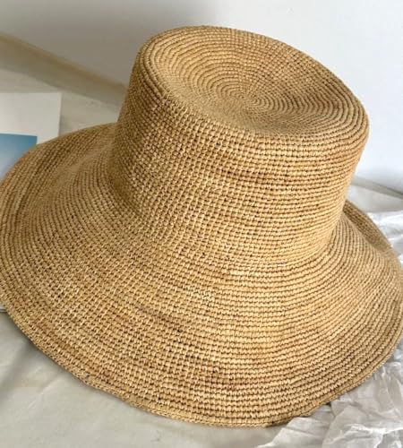Women's Raffia Straw Bucket Hat Sun Beach Hat Woven Handmade Foldable Summer Travel Cap - color: Raffia ( Brim3.9“)