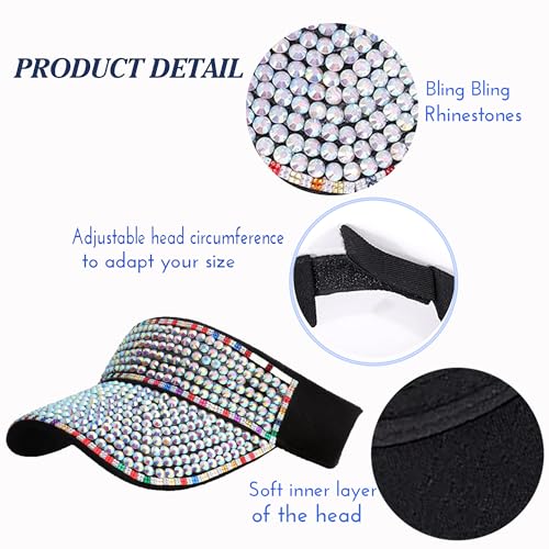 Bling Visor Shiny Rhinestones Sport Sun Adjustable Summer Cap Visor Caps for Women Men - color: C-black