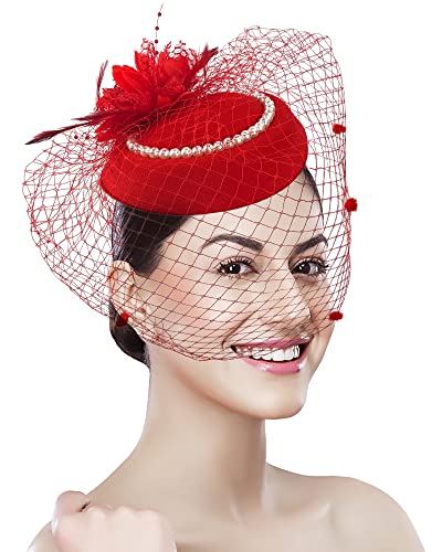 Pillbox Hat with Veil Vintage Fascinators for Women Tea Party Bridal Wedding Halloween First Communion Hats - color: Z-red