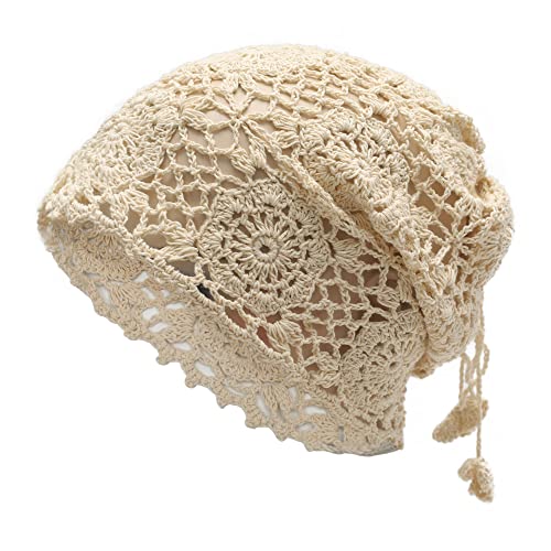 ZLYC Women Cotton Crochet Slouchy Beanie Hat Handmade Knit Summer Skull Cap - color: Beige Ponytail