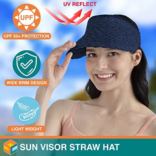 SUN CUBE Women Sun Visor Hat, Straw Beach Hat Wide Brim UV Protection, Foldable Packable Cap, Roll Up Ponytail Summer Visor - color: Navy