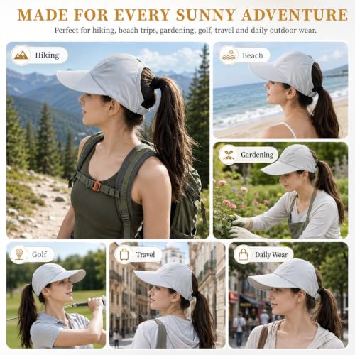 2 Pack UPF 50+ Sun Visor Hats for Women, Wide Brim Ponytail Baseball Cap, Foldable UV Protection Beach Hiking Hat