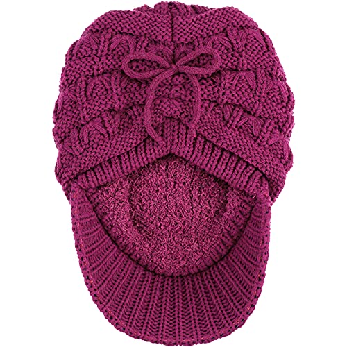 BYOS Womens Winter Chic Cable Warm Fleece Lined Crochet Knit Hat W/Visor Newsboy Cabbie Cap - color: Basket Woven-magenta Pink
