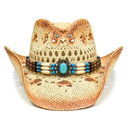 FLUFFY SENSE. Cowgirl Hats for Women Straw Cowboy Hat Western Beach Sun Hat with Shapeable Brim for Coastal Cowgirl - color: Sandstone Tan