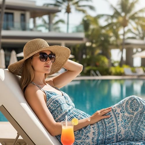 Womens Beach Sun Straw Hat Summer Floppy Wide Brim Foldable Packable - color: Bow Khaki