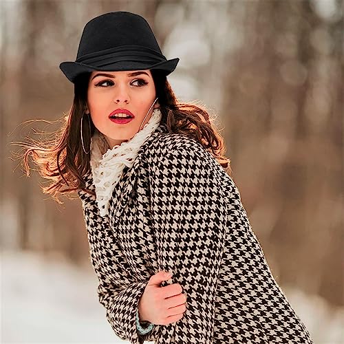 Unisex Classic Fedora Hat Men Women Manhattan 1920s Short-Brim Jazz Hats - color: Black/Tri-fold Strap