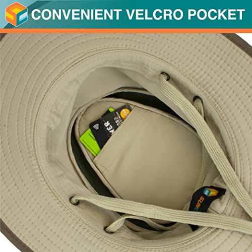 SUN CUBE Wide Brim Sun Hat for Men Women UPF 50+ UV Protection Safari Boonie Hat with Chin Strap, Pocket, Fishing Hiking Hat - color: Olive